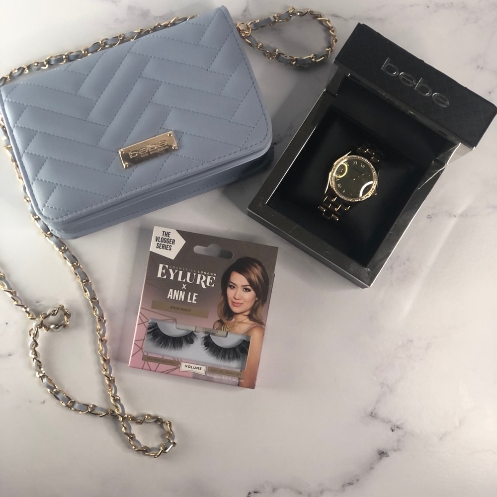 Baby Blue Bebe Purse, Gold Bebe Watch, Lashes